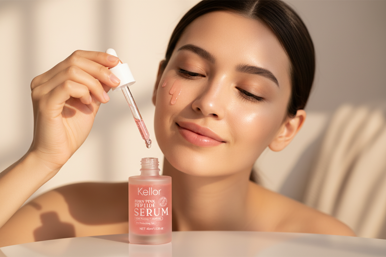 Vrouw brengt Kellor peptide serum aan